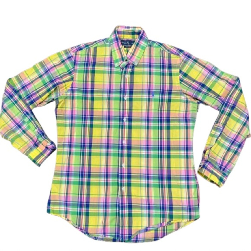Polo Ralph Lauren Men's Plaid Shirt Medium Custom Fit Madras Plaid Yellow Green.